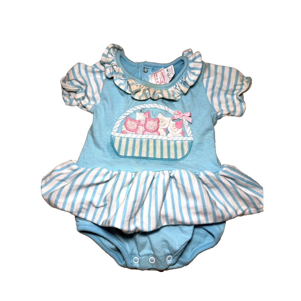 Vintage Buster Brown Romper Dress Infant Girls 6-9 Mos Striped Cat Embroidered